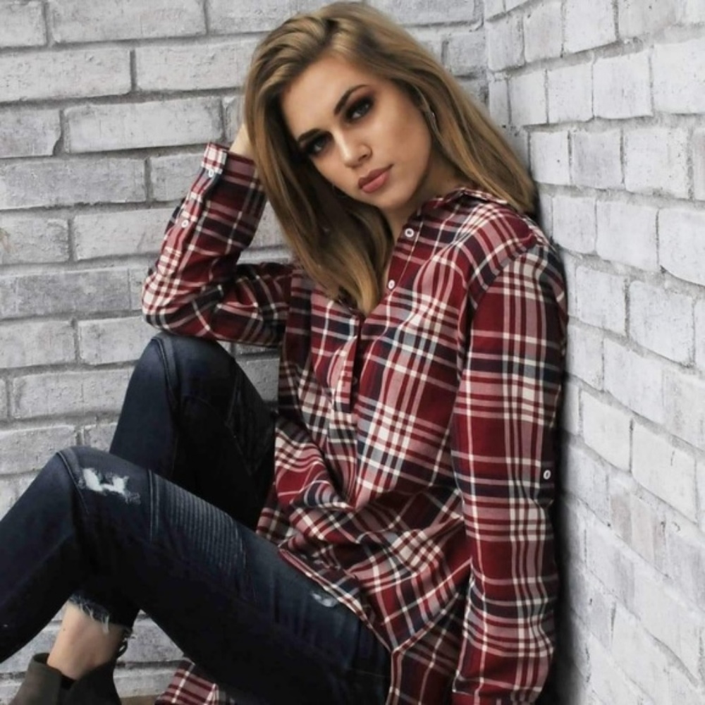 Red white navy plaid long sleeve tunic top Small S Medium M Large L